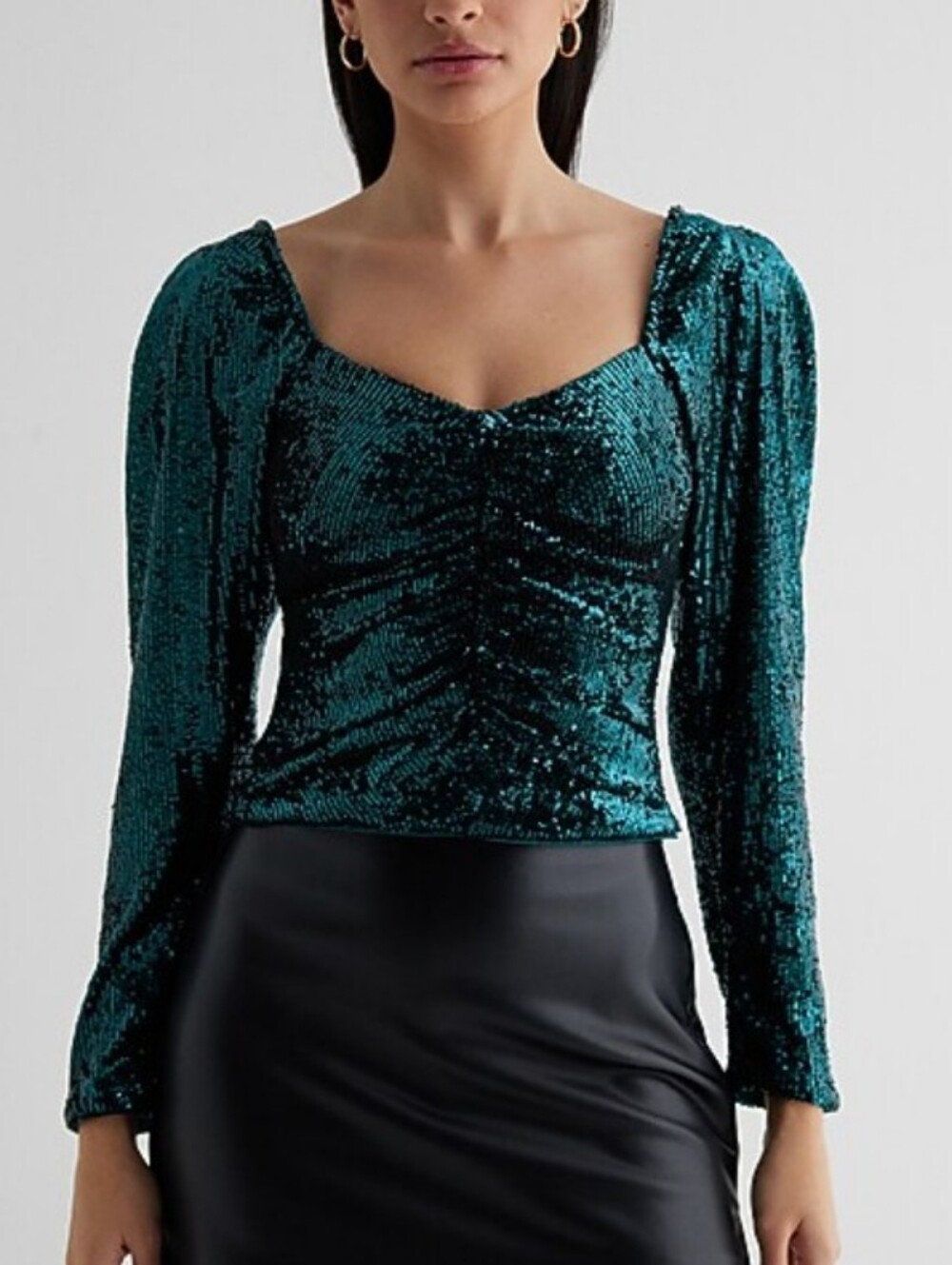 Express Teal Sequin Sweetheart Neckline Puff Sleeve Ruched Front Top Size Small